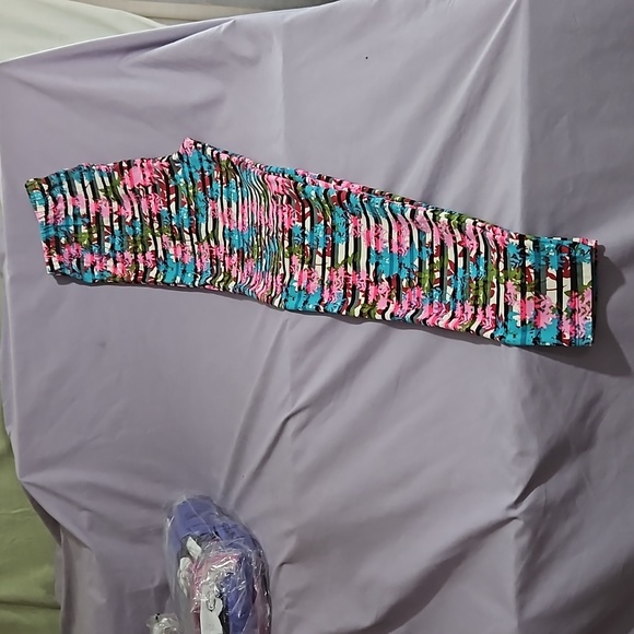 J Village Women's Knit Leggings Stripe Floral Pull On Aqua Pink Print-NWOT-OSFM - Picture 9 of 9